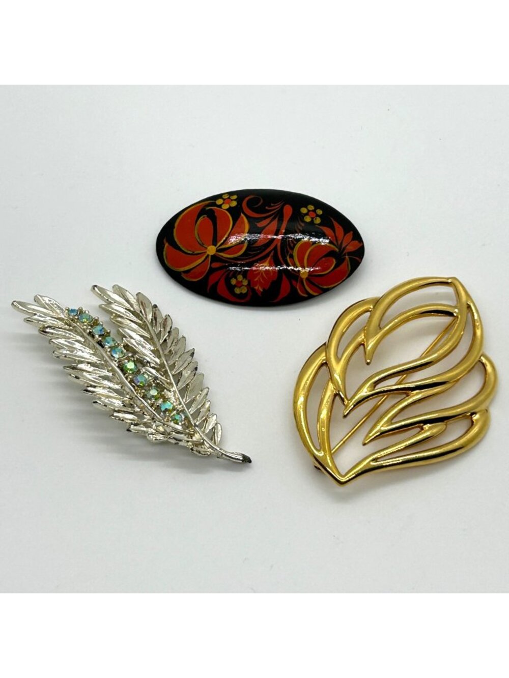 Vintage Brooches Lot Monet Leaf Black Lacquer Painted & Silver-tone Rhinestone